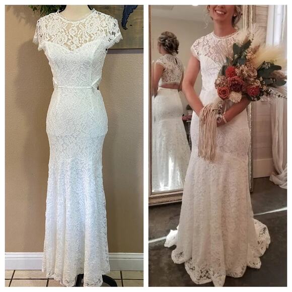 Lulus Dresses & Skirts - NWOT Lulus Devoted to Bliss White Lace Cap Sleeve Cutout Trumpet Maxi Dr…